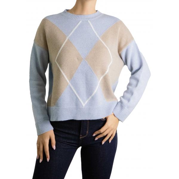 Maglione con rombi bicolore girocollo misto cashmere